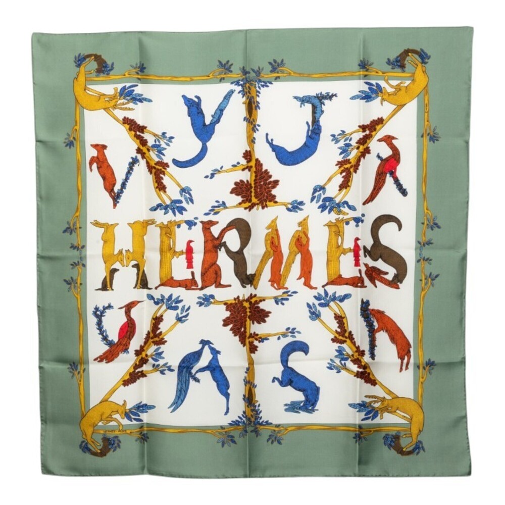 Hermes Carre 90 Animal Alphabet Scarf/Muffler, Green Multicolor Silk, Women's
